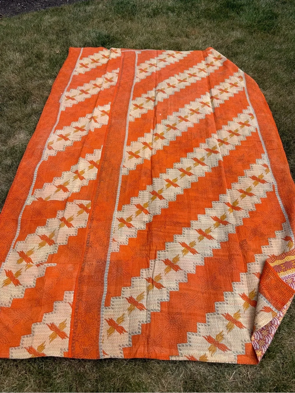 Vintage Indian Kantha Quilt Reversible Cotton Boho Throw Blanket – Orange & Gold